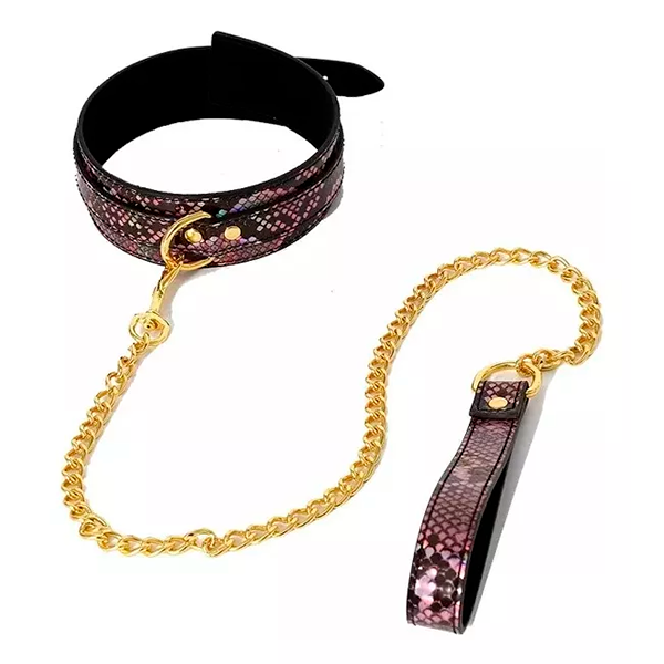 Collar Con Cadena Correa Bdsm Oro Negro